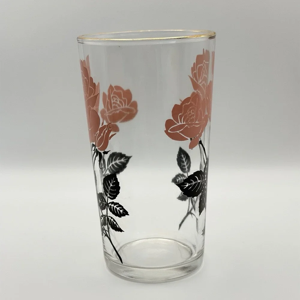 Vintage‎ Pink Rose Glasses Set of 6 Highball Gold Rim Floral Tumblers 1960s MCM